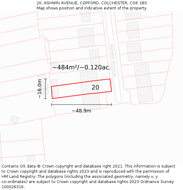 20, ASHWIN AVENUE, COPFORD, COLCHESTER, CO6 1BS: Plot and title map