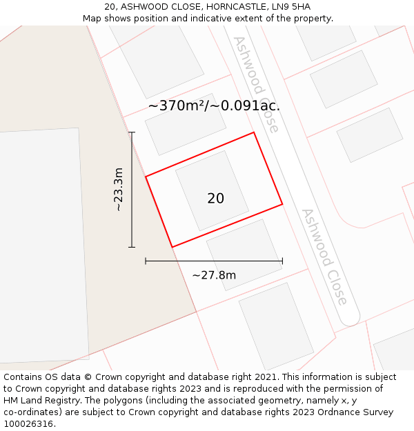 20, ASHWOOD CLOSE, HORNCASTLE, LN9 5HA: Plot and title map