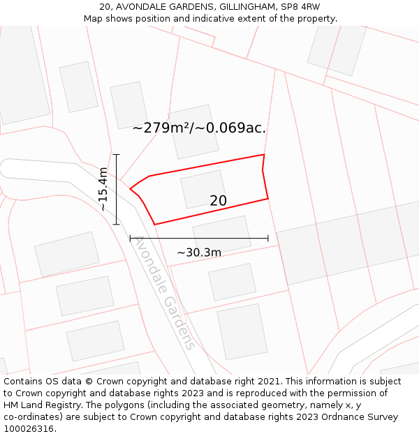 20, AVONDALE GARDENS, GILLINGHAM, SP8 4RW: Plot and title map