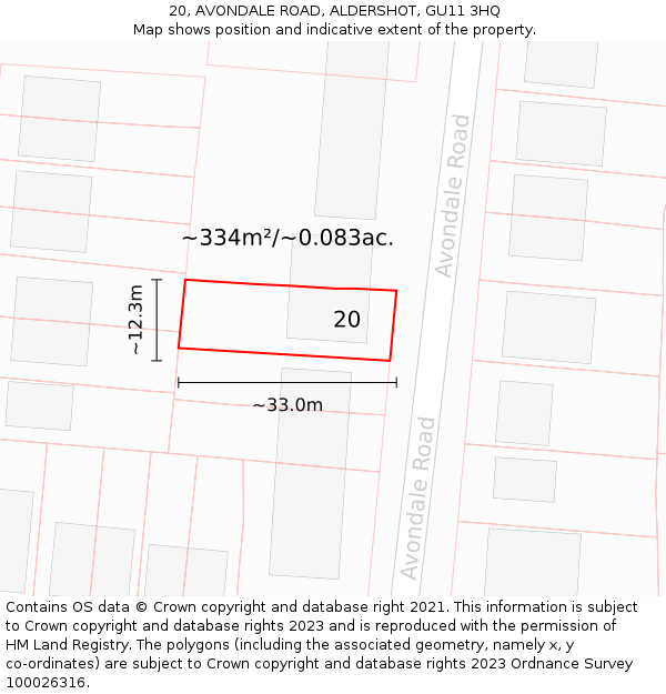 20, AVONDALE ROAD, ALDERSHOT, GU11 3HQ: Plot and title map