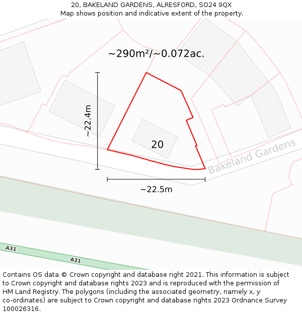 20, BAKELAND GARDENS, ALRESFORD, SO24 9QX: Plot and title map