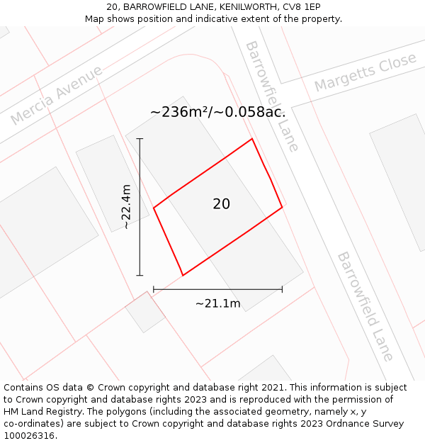 20, BARROWFIELD LANE, KENILWORTH, CV8 1EP: Plot and title map