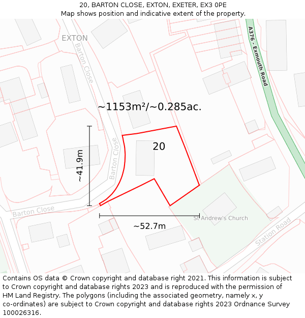 20, BARTON CLOSE, EXTON, EXETER, EX3 0PE: Plot and title map