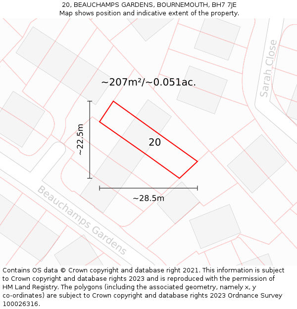 20, BEAUCHAMPS GARDENS, BOURNEMOUTH, BH7 7JE: Plot and title map