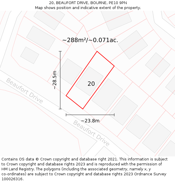 20, BEAUFORT DRIVE, BOURNE, PE10 9PN: Plot and title map