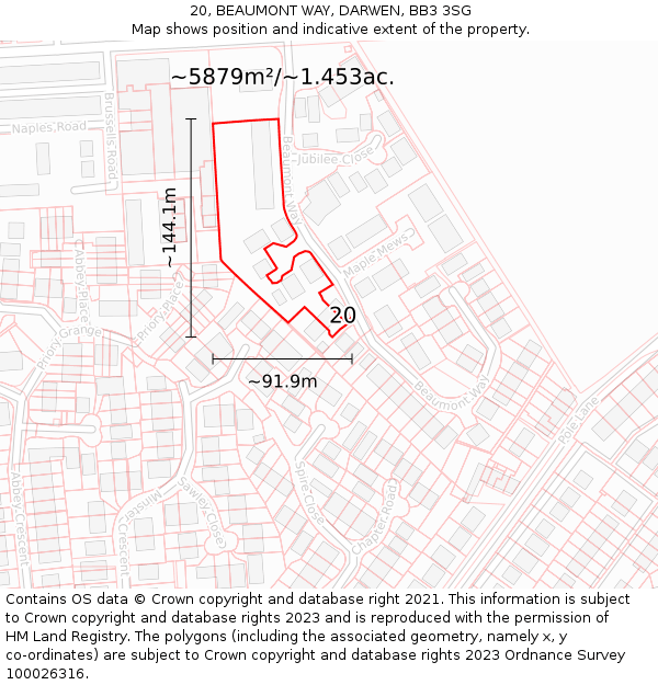 20, BEAUMONT WAY, DARWEN, BB3 3SG: Plot and title map