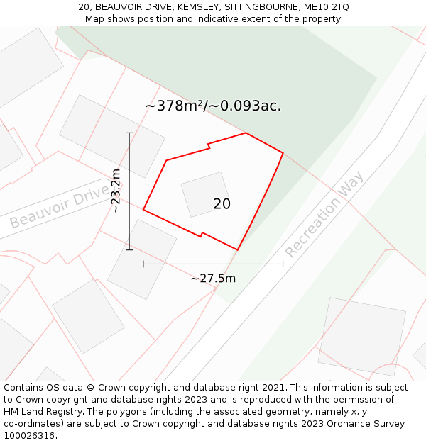 20, BEAUVOIR DRIVE, KEMSLEY, SITTINGBOURNE, ME10 2TQ: Plot and title map