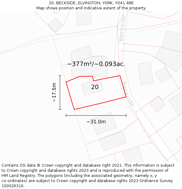20, BECKSIDE, ELVINGTON, YORK, YO41 4BE: Plot and title map