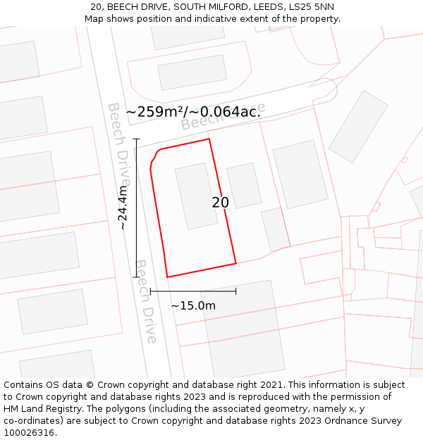 20, BEECH DRIVE, SOUTH MILFORD, LEEDS, LS25 5NN: Plot and title map