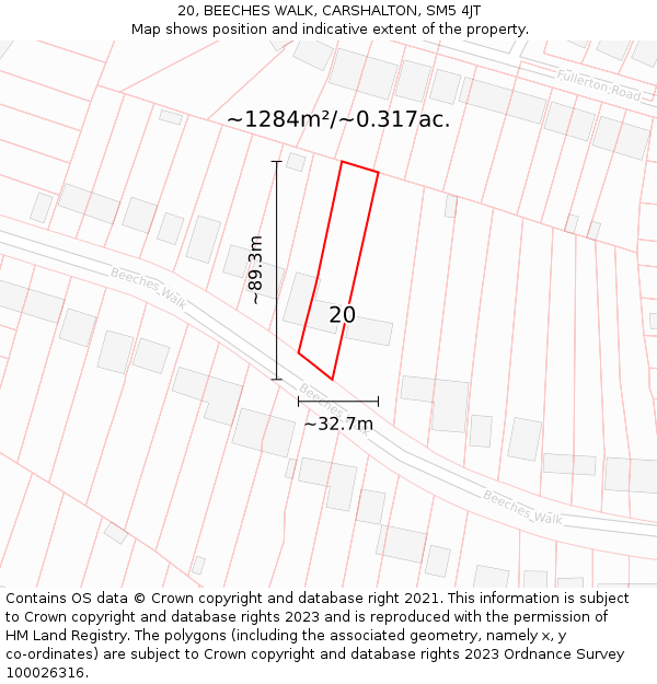 20, BEECHES WALK, CARSHALTON, SM5 4JT: Plot and title map