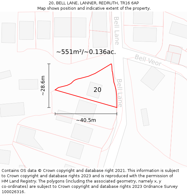 20, BELL LANE, LANNER, REDRUTH, TR16 6AP: Plot and title map