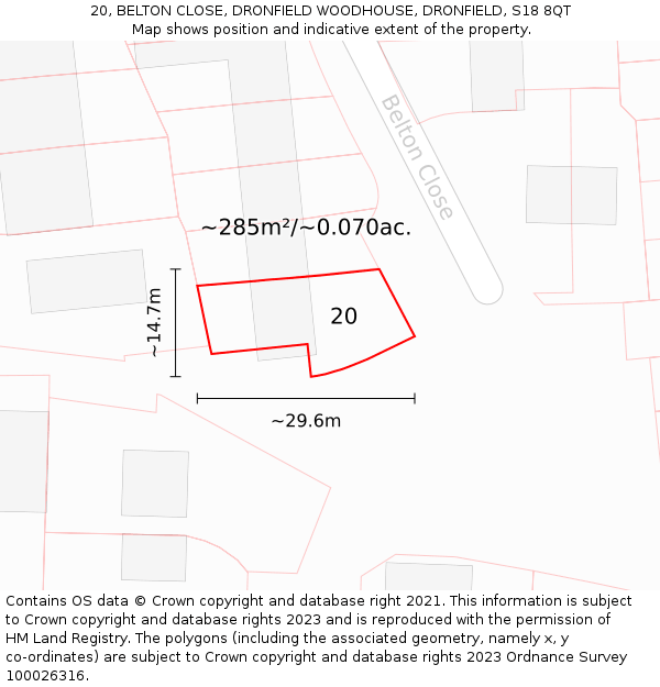 20, BELTON CLOSE, DRONFIELD WOODHOUSE, DRONFIELD, S18 8QT: Plot and title map