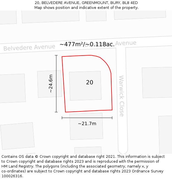 20, BELVEDERE AVENUE, GREENMOUNT, BURY, BL8 4ED: Plot and title map