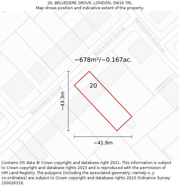 20, BELVEDERE GROVE, LONDON, SW19 7RL: Plot and title map