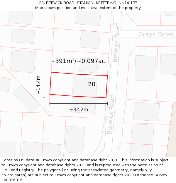 20, BERWICK ROAD, STANION, KETTERING, NN14 1BT: Plot and title map