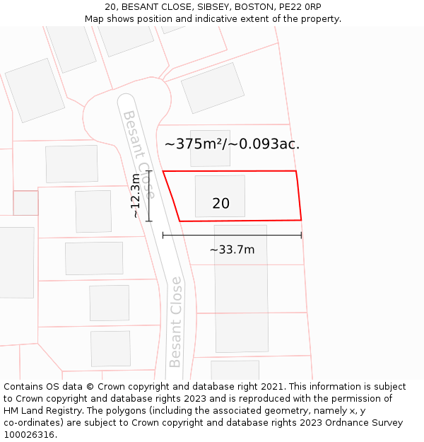 20, BESANT CLOSE, SIBSEY, BOSTON, PE22 0RP: Plot and title map