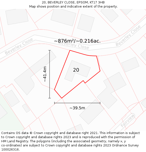 20, BEVERLEY CLOSE, EPSOM, KT17 3HB: Plot and title map