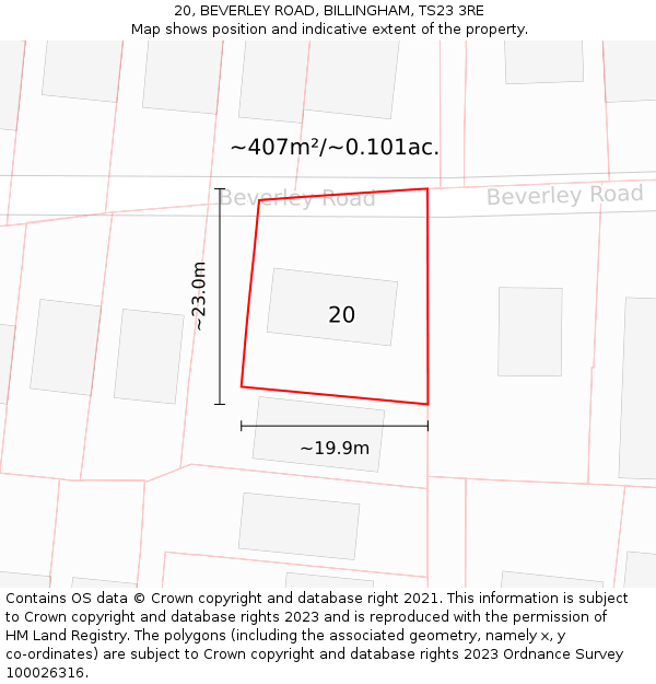 20, BEVERLEY ROAD, BILLINGHAM, TS23 3RE: Plot and title map