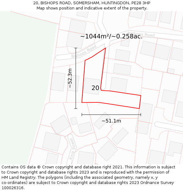 20, BISHOPS ROAD, SOMERSHAM, HUNTINGDON, PE28 3HP: Plot and title map