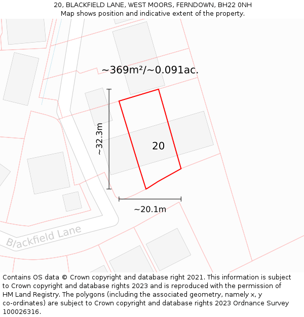 20, BLACKFIELD LANE, WEST MOORS, FERNDOWN, BH22 0NH: Plot and title map