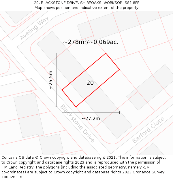 20, BLACKSTONE DRIVE, SHIREOAKS, WORKSOP, S81 8FE: Plot and title map