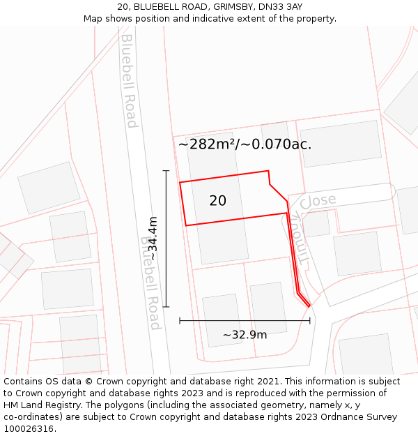 20, BLUEBELL ROAD, GRIMSBY, DN33 3AY: Plot and title map