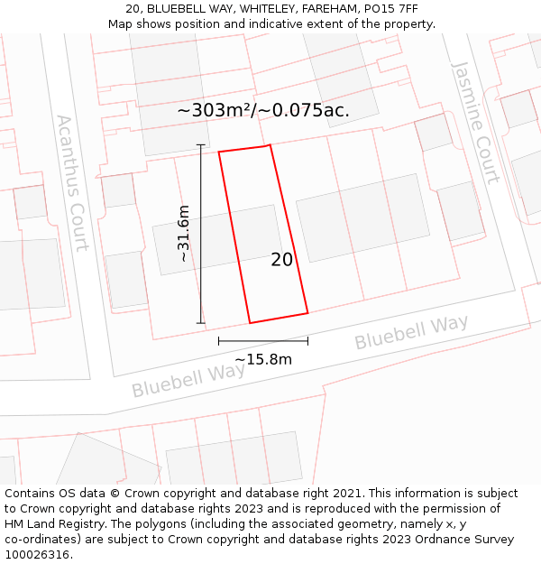 20, BLUEBELL WAY, WHITELEY, FAREHAM, PO15 7FF: Plot and title map