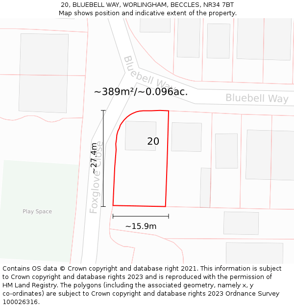 20, BLUEBELL WAY, WORLINGHAM, BECCLES, NR34 7BT: Plot and title map