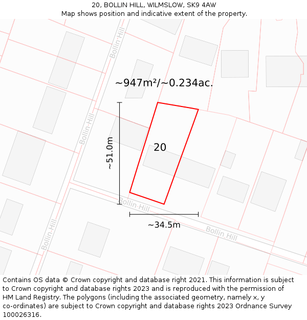 20, BOLLIN HILL, WILMSLOW, SK9 4AW: Plot and title map