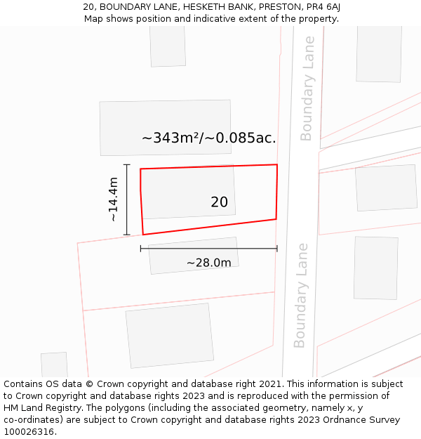 20, BOUNDARY LANE, HESKETH BANK, PRESTON, PR4 6AJ: Plot and title map