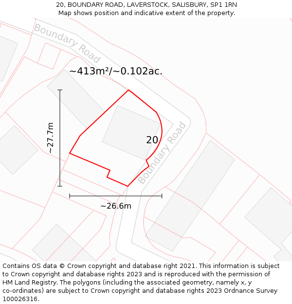 20, BOUNDARY ROAD, LAVERSTOCK, SALISBURY, SP1 1RN: Plot and title map