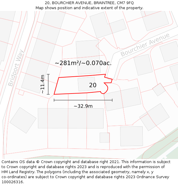 20, BOURCHIER AVENUE, BRAINTREE, CM7 9FQ: Plot and title map