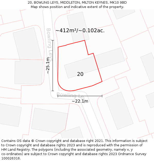20, BOWLING LEYS, MIDDLETON, MILTON KEYNES, MK10 9BD: Plot and title map