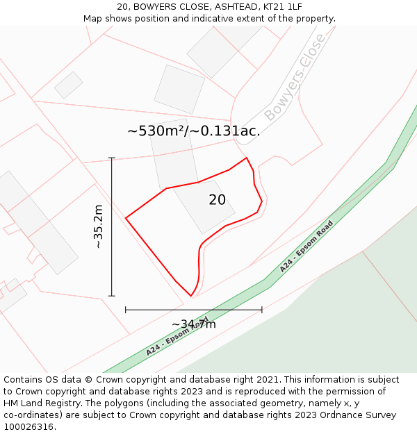 20, BOWYERS CLOSE, ASHTEAD, KT21 1LF: Plot and title map