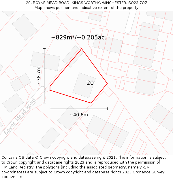 20, BOYNE MEAD ROAD, KINGS WORTHY, WINCHESTER, SO23 7QZ: Plot and title map