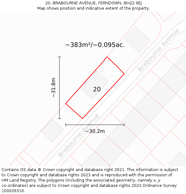 20, BRABOURNE AVENUE, FERNDOWN, BH22 9EJ: Plot and title map