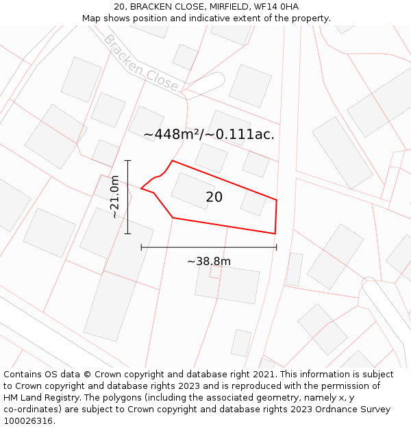 20, BRACKEN CLOSE, MIRFIELD, WF14 0HA: Plot and title map