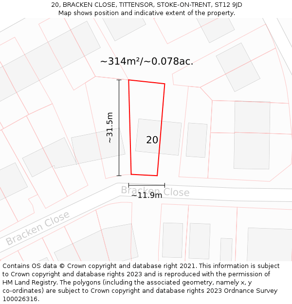 20, BRACKEN CLOSE, TITTENSOR, STOKE-ON-TRENT, ST12 9JD: Plot and title map