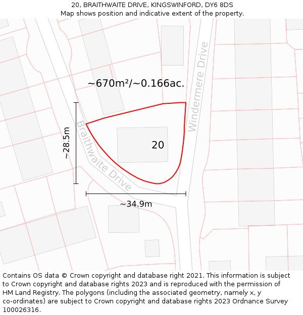 20, BRAITHWAITE DRIVE, KINGSWINFORD, DY6 8DS: Plot and title map