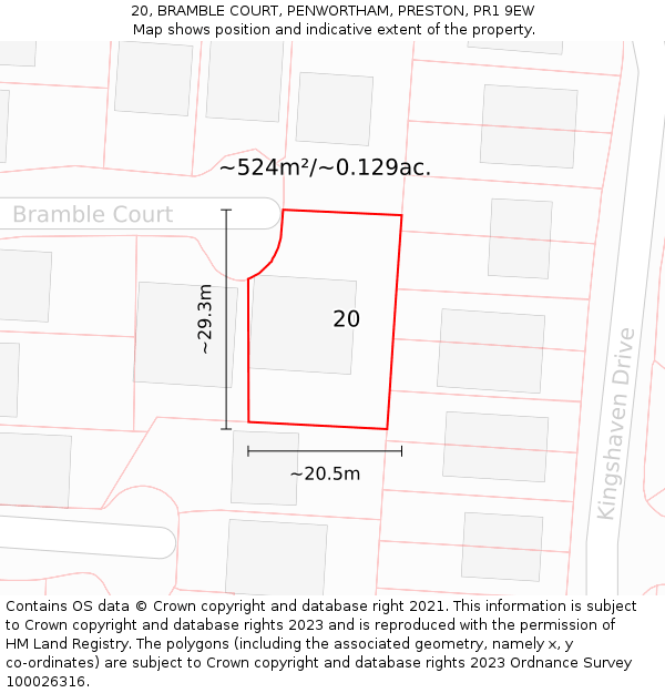 20, BRAMBLE COURT, PENWORTHAM, PRESTON, PR1 9EW: Plot and title map