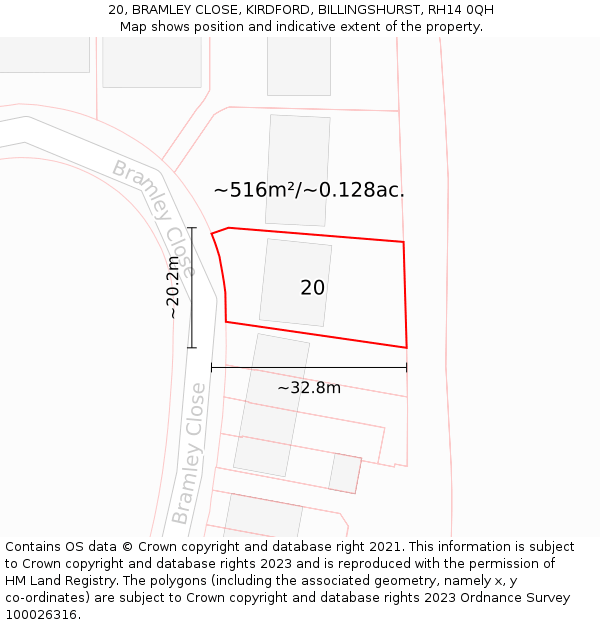 20, BRAMLEY CLOSE, KIRDFORD, BILLINGSHURST, RH14 0QH: Plot and title map