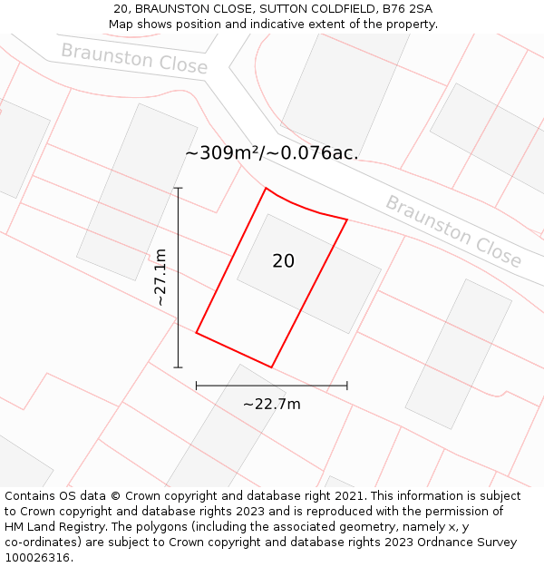 20, BRAUNSTON CLOSE, SUTTON COLDFIELD, B76 2SA: Plot and title map