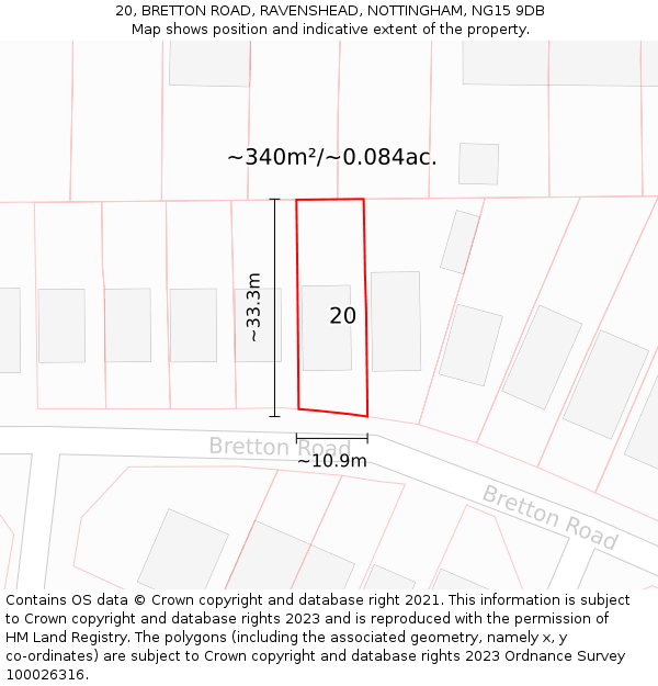 20, BRETTON ROAD, RAVENSHEAD, NOTTINGHAM, NG15 9DB: Plot and title map