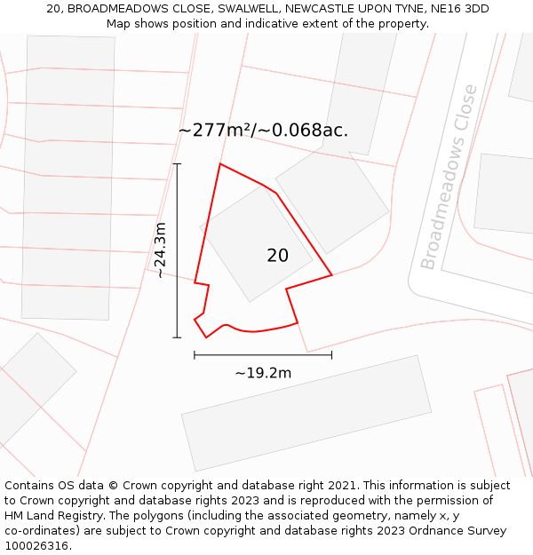 20, BROADMEADOWS CLOSE, SWALWELL, NEWCASTLE UPON TYNE, NE16 3DD: Plot and title map