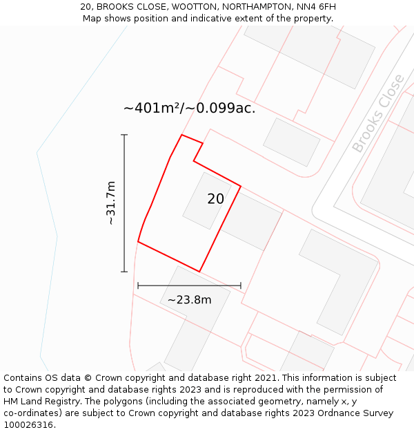 20, BROOKS CLOSE, WOOTTON, NORTHAMPTON, NN4 6FH: Plot and title map