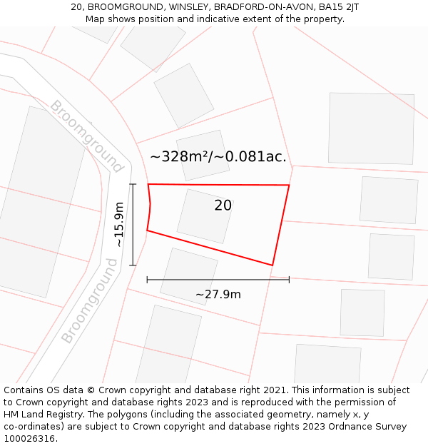 20, BROOMGROUND, WINSLEY, BRADFORD-ON-AVON, BA15 2JT: Plot and title map