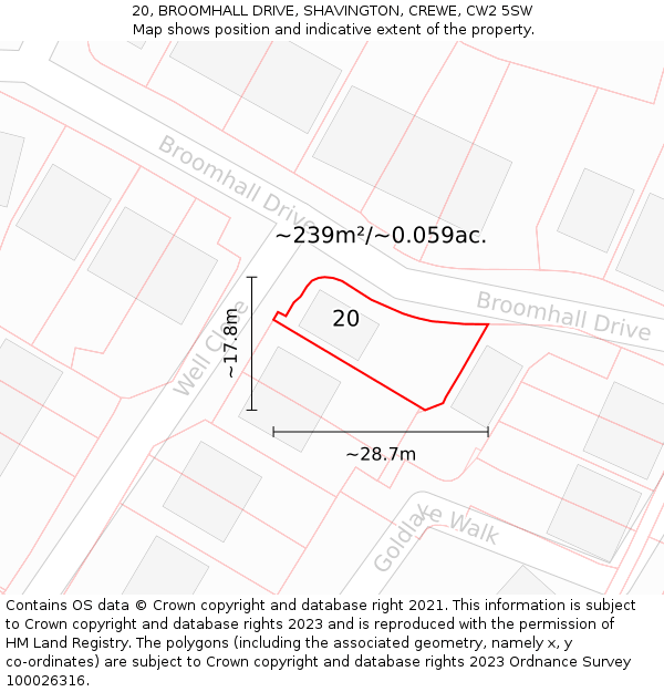 20, BROOMHALL DRIVE, SHAVINGTON, CREWE, CW2 5SW: Plot and title map