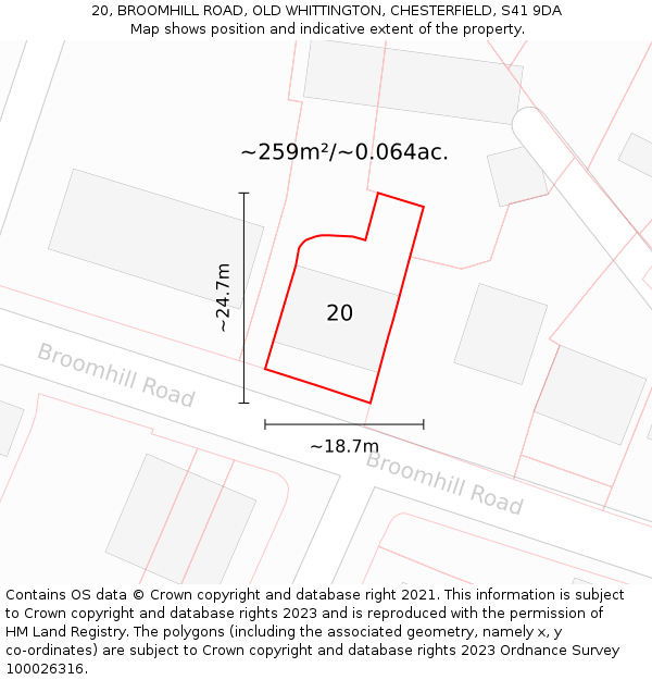 20, BROOMHILL ROAD, OLD WHITTINGTON, CHESTERFIELD, S41 9DA: Plot and title map