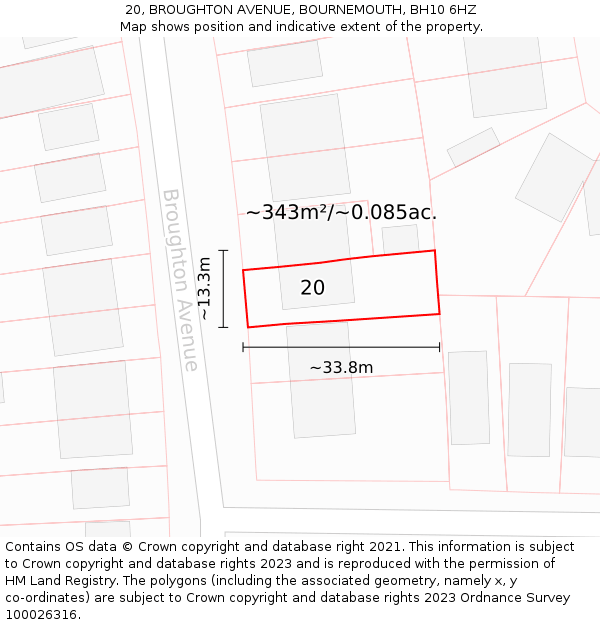 20, BROUGHTON AVENUE, BOURNEMOUTH, BH10 6HZ: Plot and title map