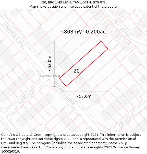 20, BROWNS LANE, TAMWORTH, B79 8TE: Plot and title map